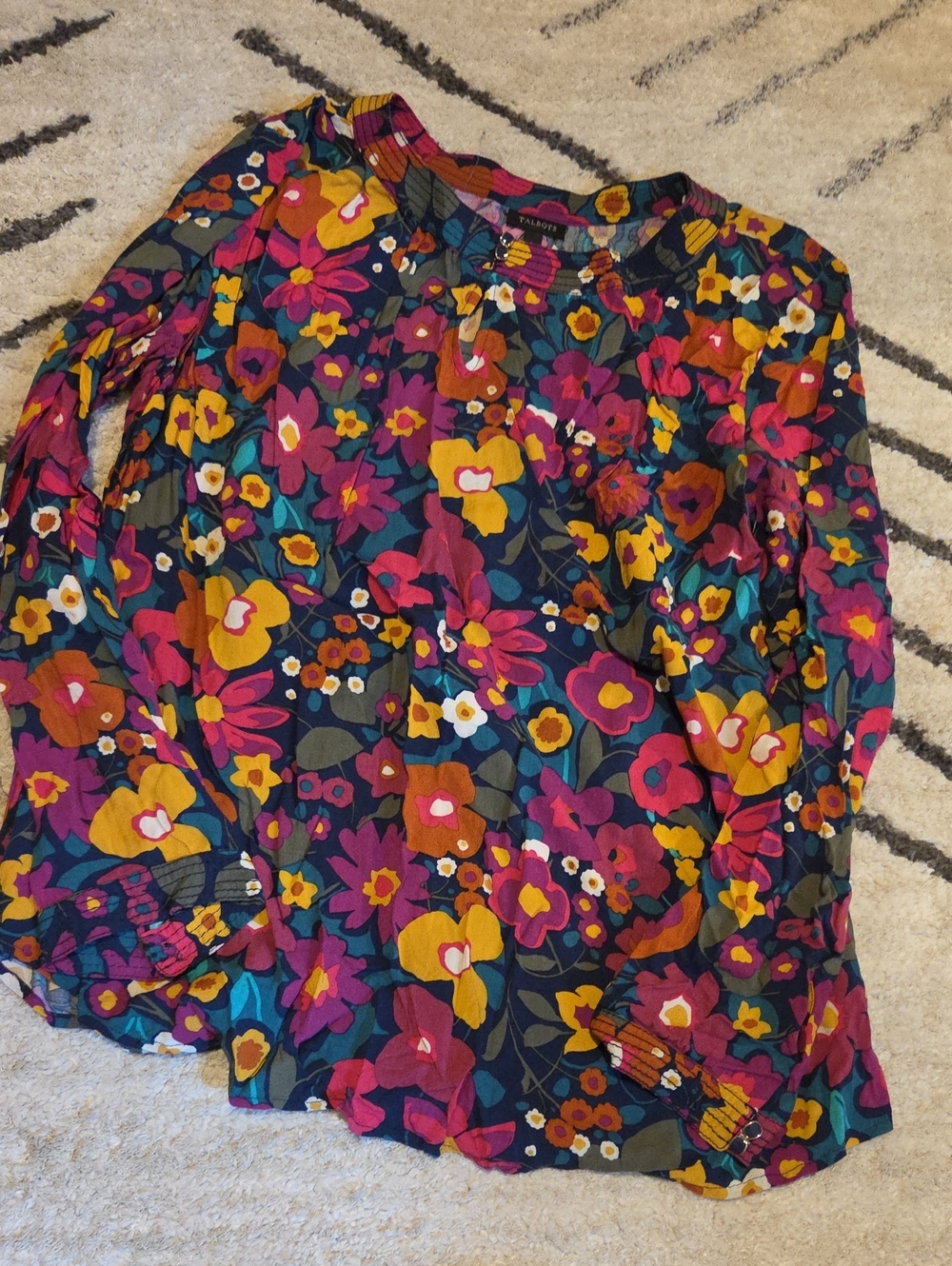 Talbots Navy Floral Long-Sleeve Blouse with Pink & Mustard Accents